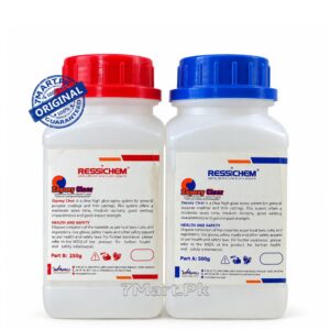 A two-bottle kit of RESSICHEM Zepoxy clear epoxy adhesive with red and blue caps, showing Part A and Part B for industrial and home repairs.