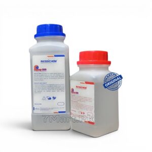 A two-bottle kit of RESSICHEM Zepoxy 300 epoxy adhesive with red and blue caps, showing Part A and Part B for industrial and home repairs.