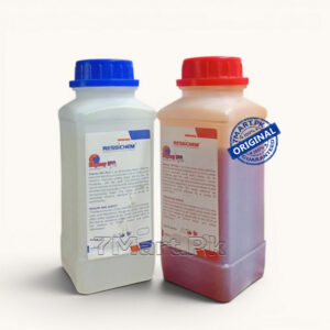 A two-bottle kit of RESSICHEM Zepoxy 100 Plus epoxy adhesive with red and blue caps, showing Part A and Part B for industrial and home repairs.