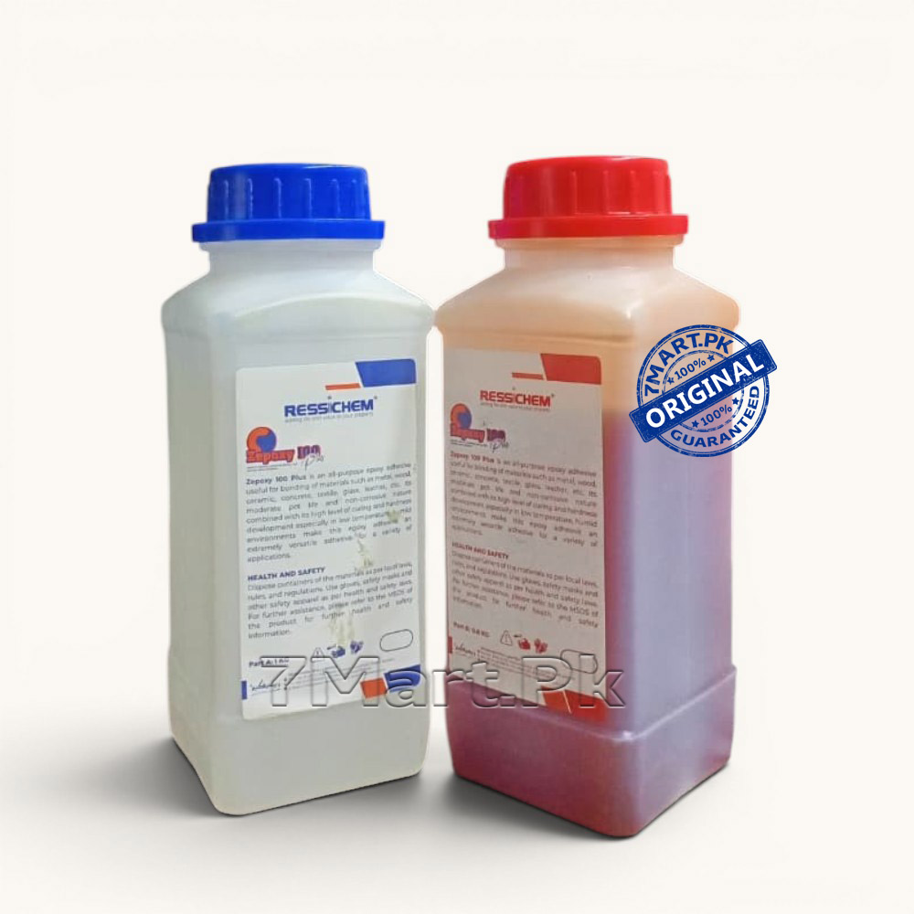A two-bottle kit of RESSICHEM Zepoxy 100 Plus epoxy adhesive with red and blue caps, showing Part A and Part B for industrial and home repairs.