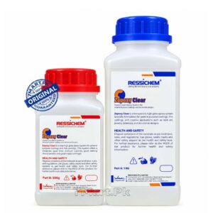 A two-bottle kit of RESSICHEM Zepoxy clear epoxy adhesive with red and blue caps, showing Part A and Part B for industrial and home repairs.