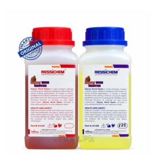 A two-bottle kit of RESSICHEM Zepoxy Wood Master epoxy adhesive with red and blue caps, showing Part A and Part B for industrial and home repairs.