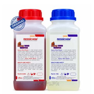 A two-bottle kit of RESSICHEM Zepoxy Wood Master epoxy adhesive with red and blue caps, showing Part A and Part B for industrial and home repairs.
