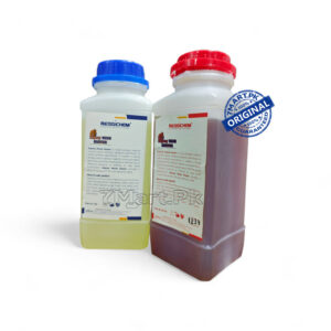 A two-bottle kit of RESSICHEM Zepoxy Wood Master epoxy adhesive with red and blue caps, showing Part A and Part B for industrial and home repairs.