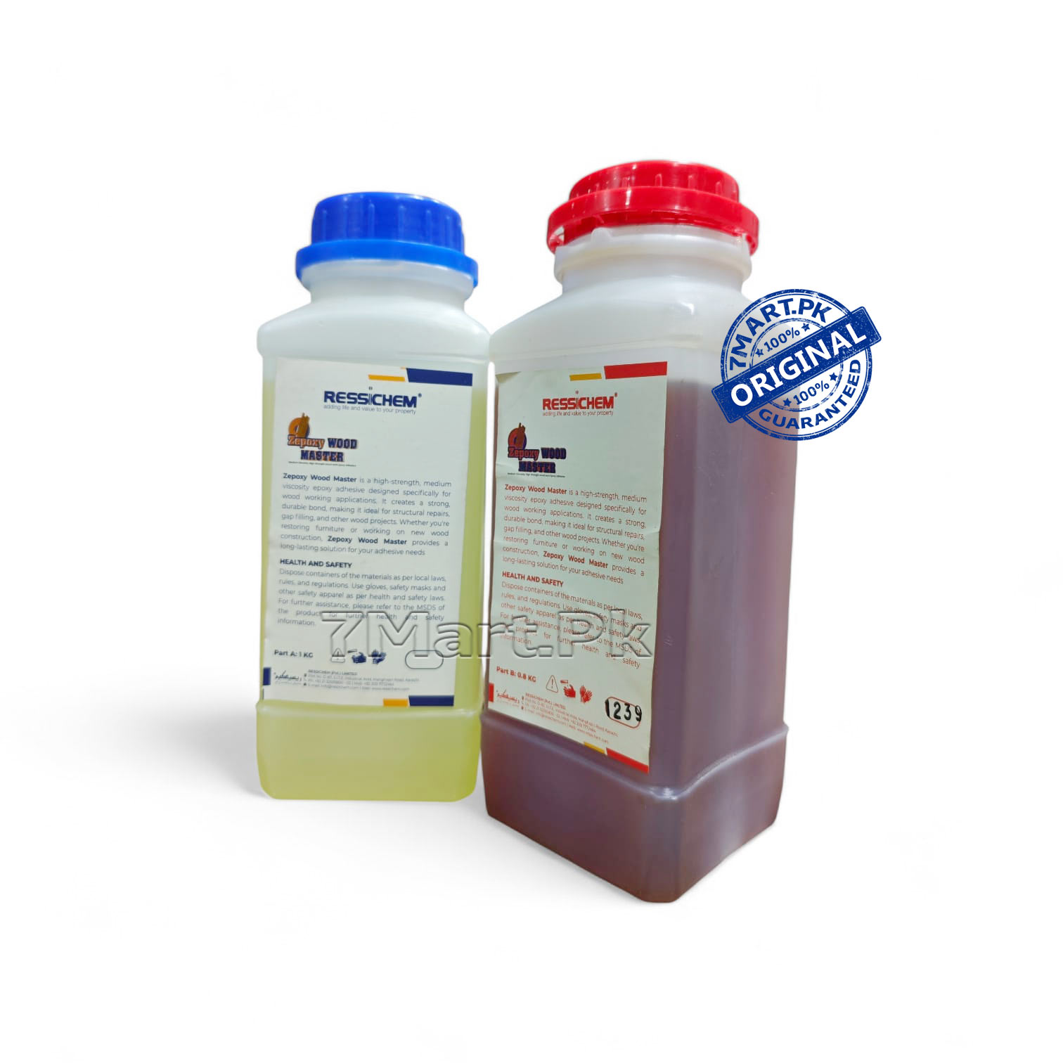 A two-bottle kit of RESSICHEM Zepoxy Wood Master epoxy adhesive with red and blue caps, showing Part A and Part B for industrial and home repairs.