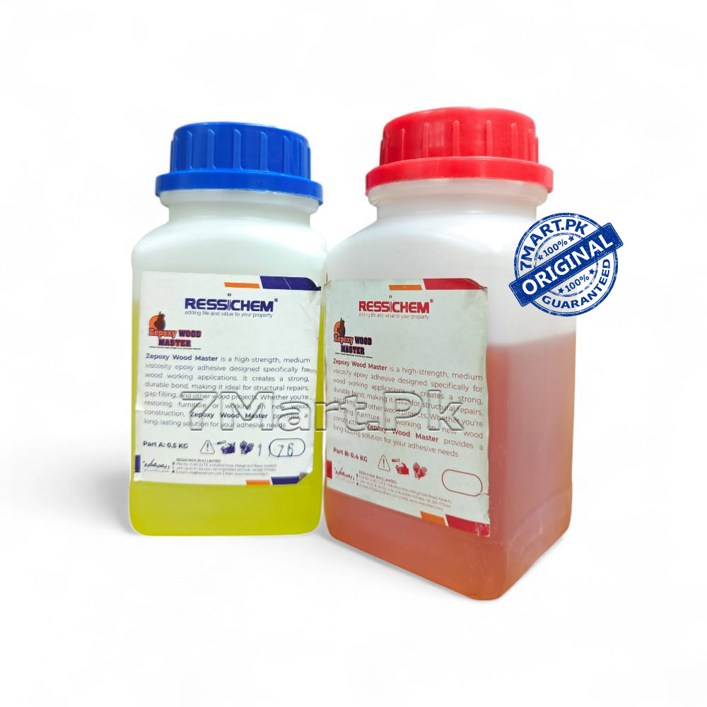 A two-bottle kit of RESSICHEM Zepoxy Wood Master epoxy adhesive with red and blue caps, showing Part A and Part B for industrial and home repairs.