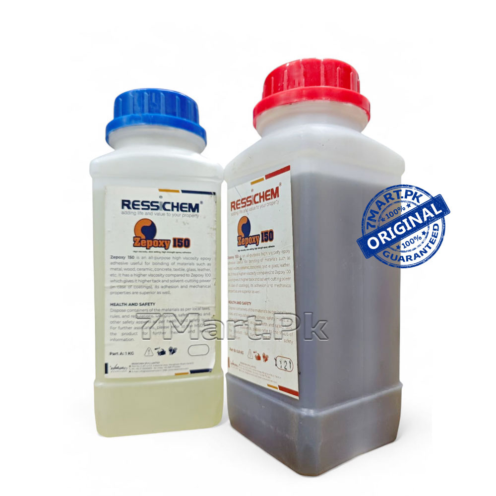 A two-bottle kit of RESSICHEM Zepoxy 150 epoxy adhesive with red and blue caps, showing Part A and Part B for industrial and home repairs.