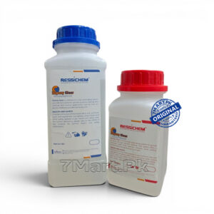 A two-bottle kit of RESSICHEM Zepoxy clear epoxy adhesive with red and blue caps, showing Part A and Part B for industrial and home repairs.