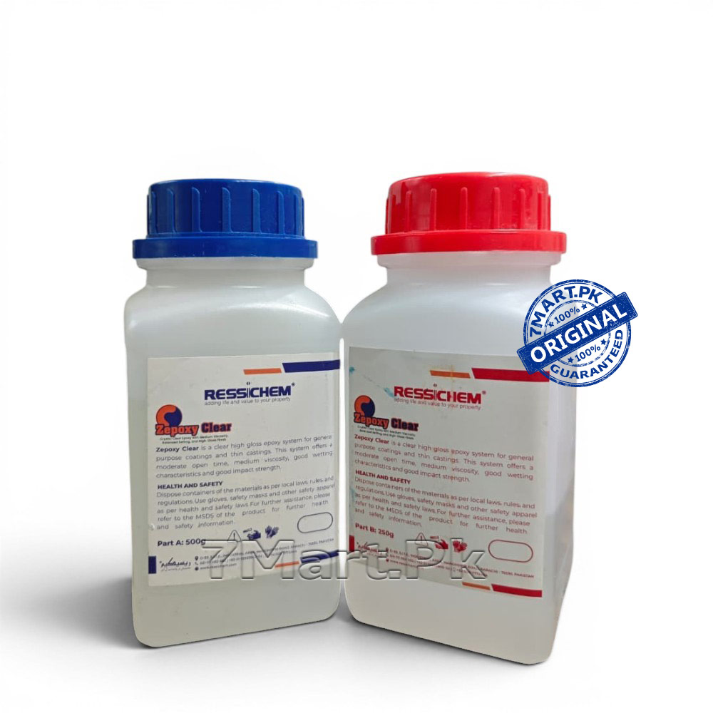 A two-bottle kit of RESSICHEM Zepoxy clear epoxy adhesive with red and blue caps, showing Part A and Part B for industrial and home repairs.