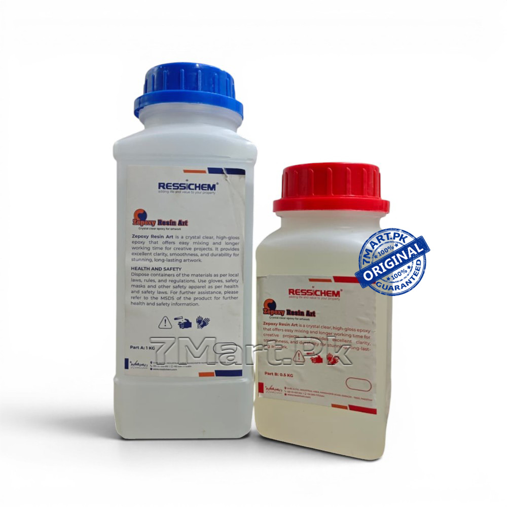 A two-bottle kit of RESSICHEM Zepoxy Resin Artepoxy adhesive with red and blue caps, showing Part A and Part B for industrial and home repairs.