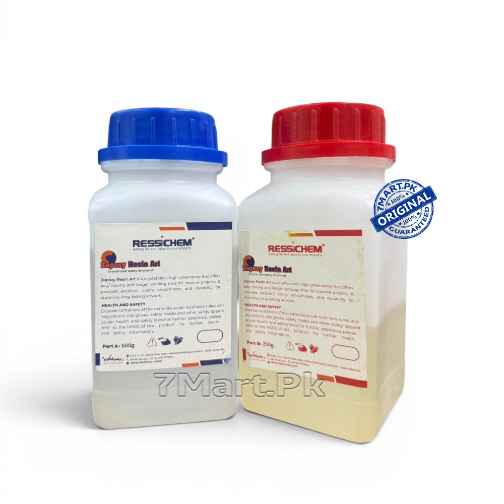 A two-bottle kit of RESSICHEM Zepoxy Resin Artepoxy adhesive with red and blue caps, showing Part A and Part B for industrial and home repairs.